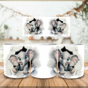 3D Elephant Hole In A Wall Mug Wrap, 11oz Mug Template, Mug Sublimation Design, Mug Wrap Template, Instant Digital Download PNG