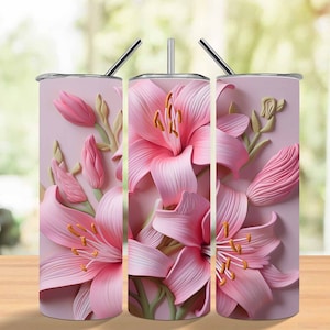 3D White Pink Lilies Flowers 20 oz Skinny Tumbler Sublimation Design, Straight And Tapered Tumbler Wrap, 3D White Pink Lilies Flowers PNG