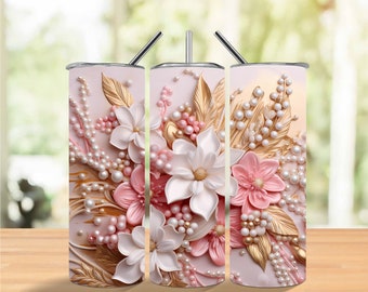 3D Pink Gold Flowers and Pearls 20oz Sublimation Skinny Tumbler Designs, Straight Skinny Tumbler Wrap Instant Download PNG