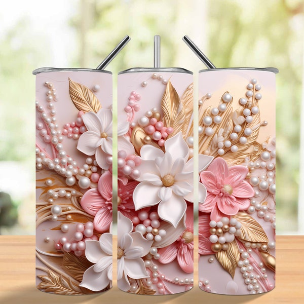 3D Pink Gold Flowers and Pearls 20oz Sublimation Skinny Tumbler Designs, Straight Skinny Tumbler Wrap Instant Download PNG