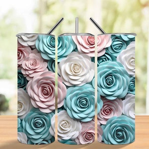 3D Green Pink White Roses Flowers 20 oz Skinny Tumbler Sublimation Design, Straight and Tapered Tumbler Wrap, Instant Digital Download PNG