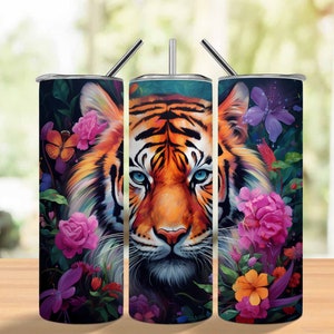 Colorful Neon Tiger 20 oz Skinny Tumbler Sublimation Design, Straight And Tapered Tumbler Wrap, Instant Digital Download PNG