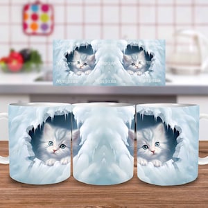 3D Kitten Hole In A Wall Mug Wrap, 11oz & 15oz Mug Template, Mug Sublimation Design, Snow Mug Wrap Template, Instant Digital Download PNG