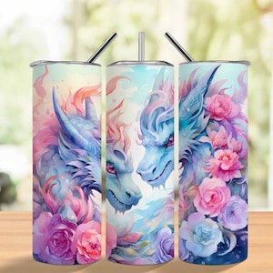 Dragon 20oz skinny tumbler sublimation design Fairy animal Flowers digital PNG Straight wrap Waterslide download