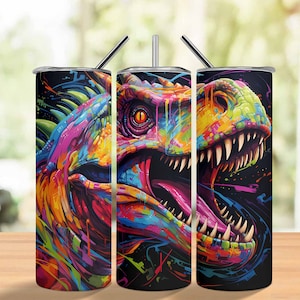 Neon Dinosaur 20oz Sublimation Tumbler Designs, Jurassic T rex 9.2 x 8.3” Straight Skinny Tumbler Wrap PNG, Sublimation Design PNG