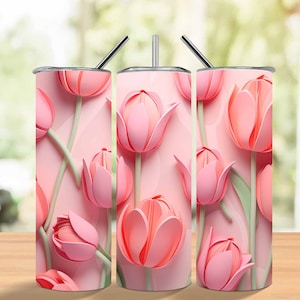 3D rosa Tulpen 20 oz Skinny Tumbler Sublimation Design, gerade und konisch Tumbler Wrap, Blume Tumbler Wrap, sofortiger digitaler Download Png
