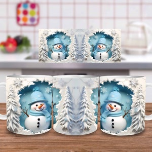 3D Snowman Mug Wrap, 11oz And 15oz Mug Template, Hole In A Wall Mug Sublimation Design, Mug Wrap Template, Instant Digital Download PNG