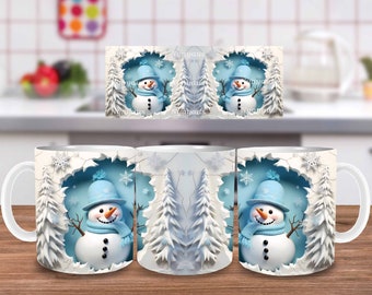 3D Snowman Mug Wrap, 11oz And 15oz Mug Template, Hole In A Wall Mug Sublimation Design, Mug Wrap Template, Instant Digital Download PNG