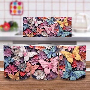 3D Colorful Butterfly and Flowers Mug Wrap, 11oz 15oz Mug Design, 3D Floral Mug Sublimation, Butterfly Mug Wrap, 11oz Mug Png, 15oz Mug PNG