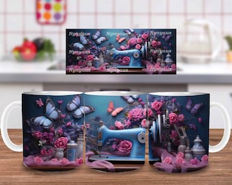 3D Sewing Machine Pink Roses Mug Wrap, 11oz And 15oz Mug Template, Mug Sublimation Design, Mug Wrap Template, Instant Digital Download PNG