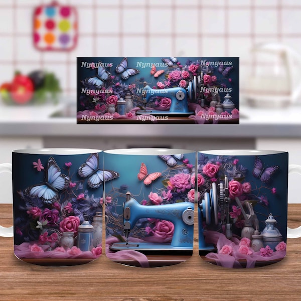 3D Sewing Machine Pink Roses Mug Wrap, 11oz And 15oz Mug Template, Mug Sublimation Design, Mug Wrap Template, Instant Digital Download PNG