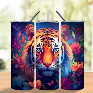 Colorful Neon Tiger 20 oz Skinny Tumbler Sublimation Design, Straight Tumbler Wrap, Colorful Neon Tiger Instant Digital Download PNG
