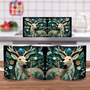 3D Deer Mug Wrap, 11oz And 15oz Mug Template, Deer Forest Mug Sublimation Design, Mug Wrap Template, Instant Digital Download PNG