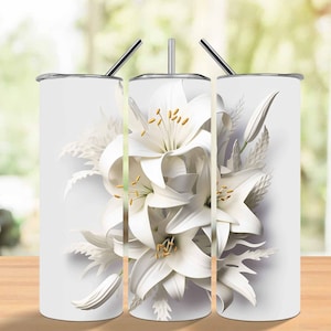3D White Lilies Flowers 20 oz Skinny Tumbler Sublimation Design, Straight And Tapered Tumbler Wrap, Instant Digital Download PNG