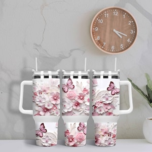 3D Pink Flower 40 oz Quencher tumbler sublimation design Floral digital PNG wrap Waterslide download
