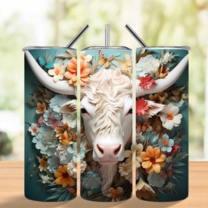 3D Highland Cow 20 oz Skinny Tumbler Wrap Sublimation Design Straight and Tapered Instant Access PNG Download Commercial Use Cow Lover Gift