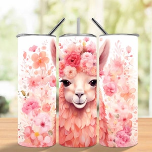 Watercolor Flower Llama 20 oz Skinny Tumbler Sublimation Design, Straight And Tapered Tumbler Wrap, Instant Digital Download PNG