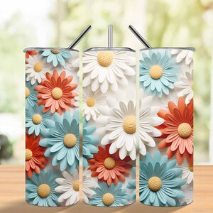3D Daisies Flowers 20oz Skinny Tumbler Sublimation Design Straight and Tapered | Instant Access PNG Download | Daisies Tumbler Wrap Design