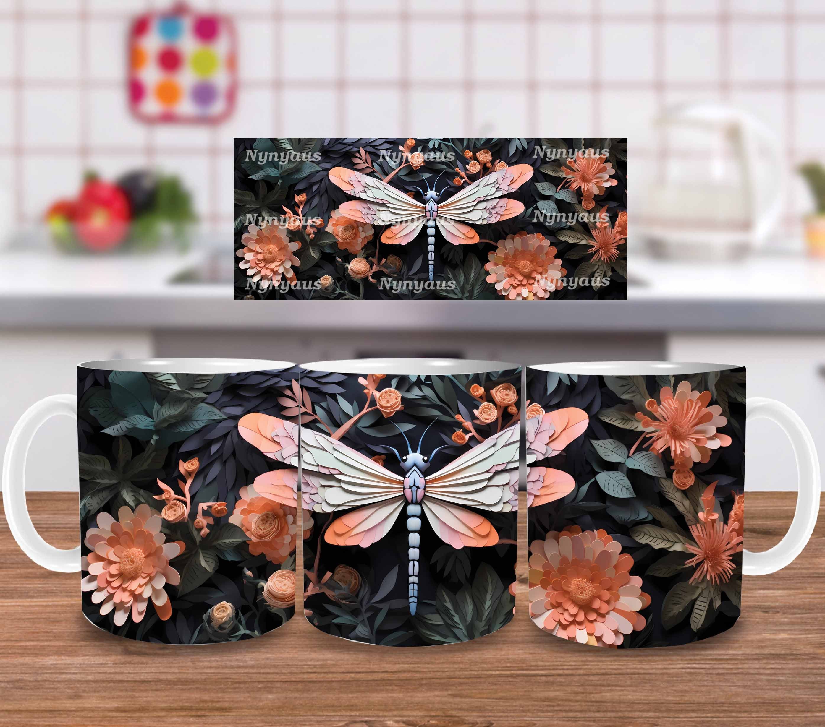 3D Floral Dragonfly Mug, Floral Dragonfly Mug, Wedding Mug Design, Floral Mug PNG, 3D Mug, 11oz,15oz Mug Sublimation Wrap, Digital File