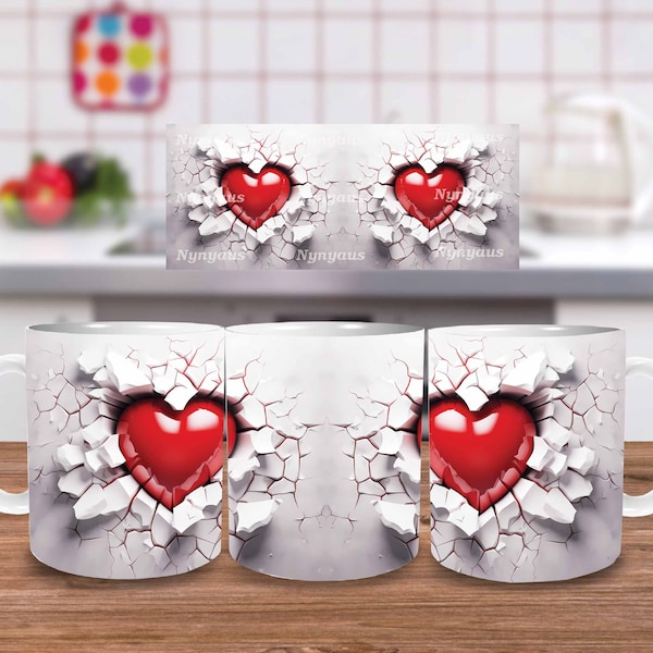 3D Herz Loch In A Wand Tasse Wrap, 11 Unzen Tasse Vorlage, Tasse Sublimation Design, Tasse Wrap Vorlage, sofortiger digitaler Download PNG