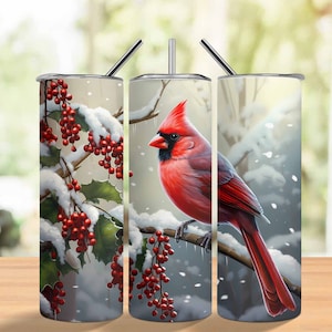 3D Red Cardinal Bird Weihnachten 20 Unze Skinny Tumbler Sublimationsdesign, gerader und konischer Tumbler Wrap, sofortiger digitaler Download PNG
