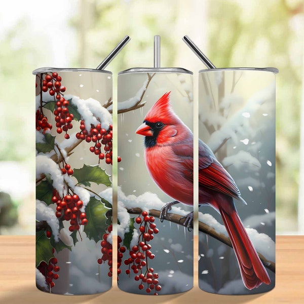 3D Red Cardinal Bird Christmas 20 oz Skinny Tumbler Sublimation Design, Straight And Tapered Tumbler Wrap, Instant Digital Download PNG