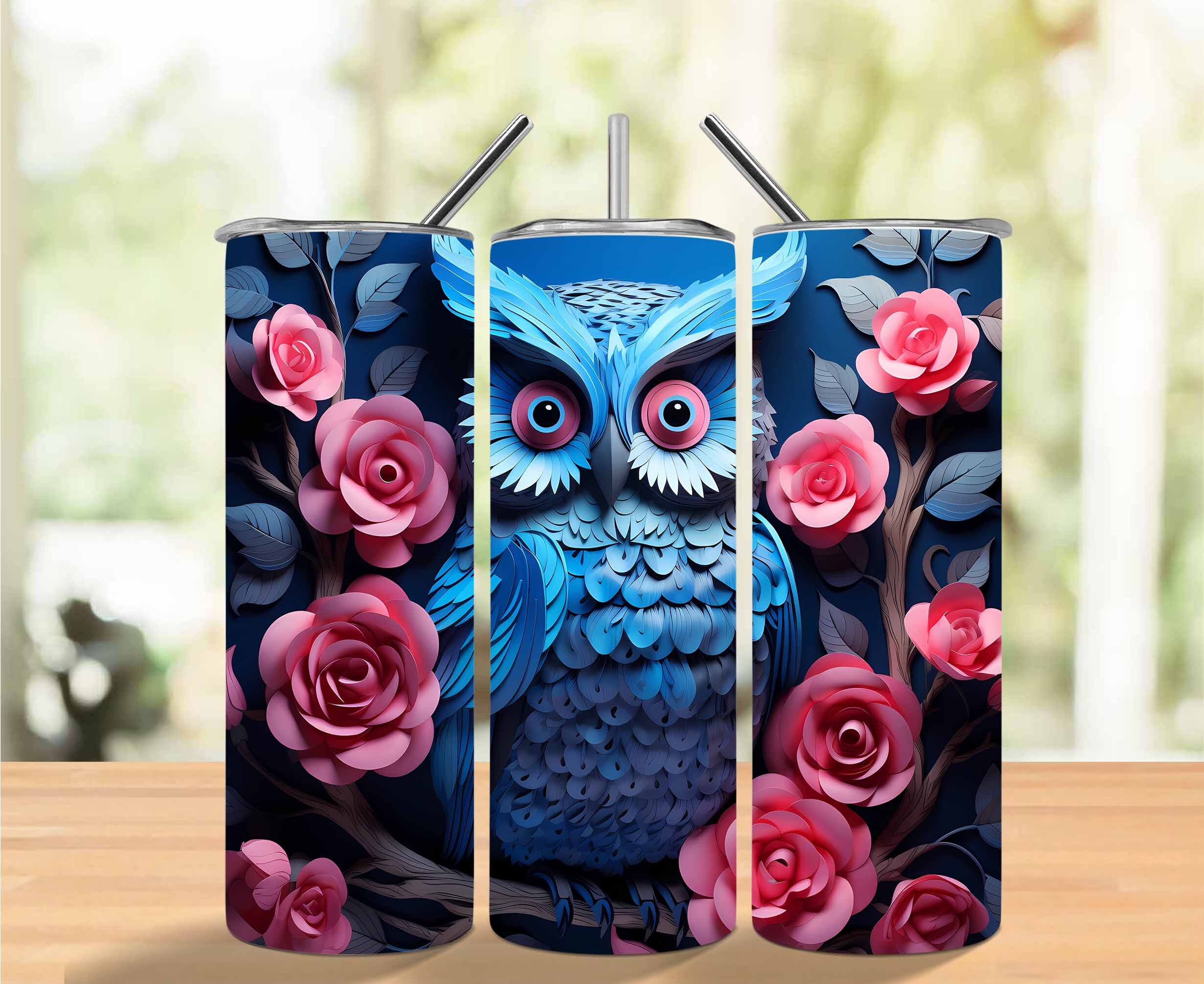 3D Owl Pink Roses 20 oz Skinny Tumbler Sublimation Design, Straight and Tapered Tumbler Wrap, 3D Owl