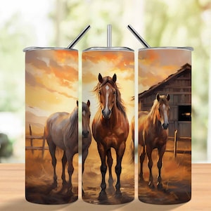 Gemälde der Pferde auf einer Farm 20 oz Skinny Tumbler Sublimationsdesign, sofortiger digitaler Download PNG, gerade und konische Tumbler Wrap PNG