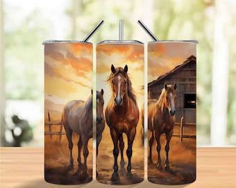 Painting Of Horses On A Farm 20 oz Skinny Tumbler Sublimation Design, Instant Digital Download PNG, Straight & Tapered Tumbler Wrap PNG