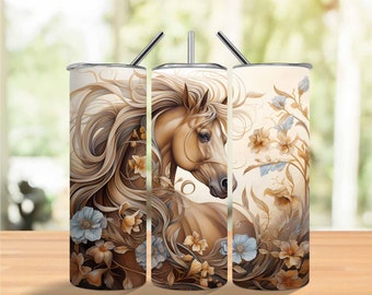Brown horse 20oz Sublimation Tumbler Design, soft floral 9.2 x 8.3” Straight Skinny Tumbler Wrap PNG