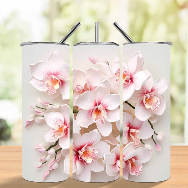 3D Pink Orchid Flowers 20 oz Skinny Tumbler Sublimation Design, Straight And Tapered Tumbler Wrap, Instant Digital Download PNG