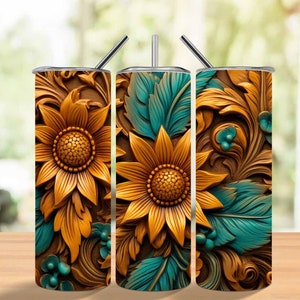 3D Tumbler Wrap 20 oz Skinny Tumbler Sublimation Design Digital Download PNG, Rustic Tooled Leather Sunflower Tumbler