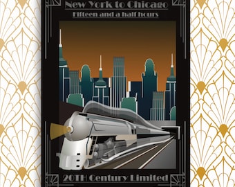 Op de afbeelding: Art Deco-poster met een zilveren trein die naar een tunnel rijdt, met een stadsgezicht op de achtergrond. De poster leest "New York to Chicago Fifteen and a half hours" en "20th Century Limited". Het kleurenpalet omvat zwart, zilver en tinten bruin en blauwgroen.
