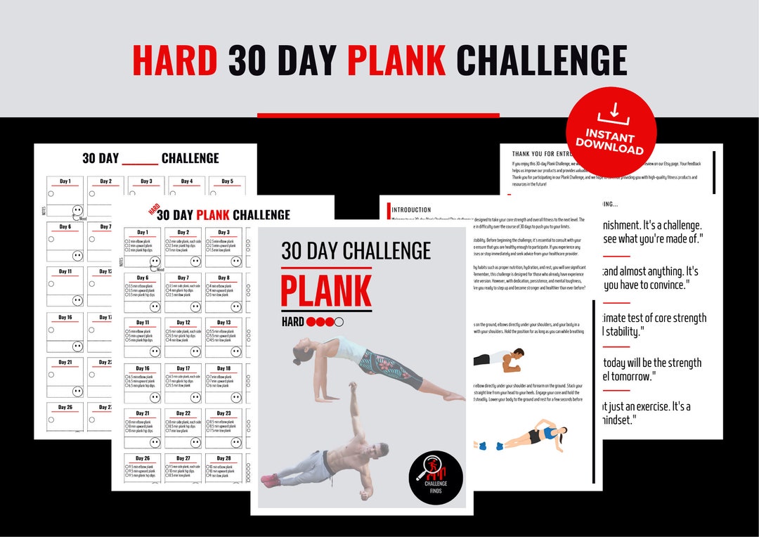 Printable 30 Day Plank Challenge for Men & Women Fitness Tracker With