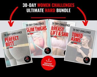 Hard 30 Day Women Challenge Bundle - Instant Download Printable Fitness Workout Plan - Home Exercise PDF - No Equipment