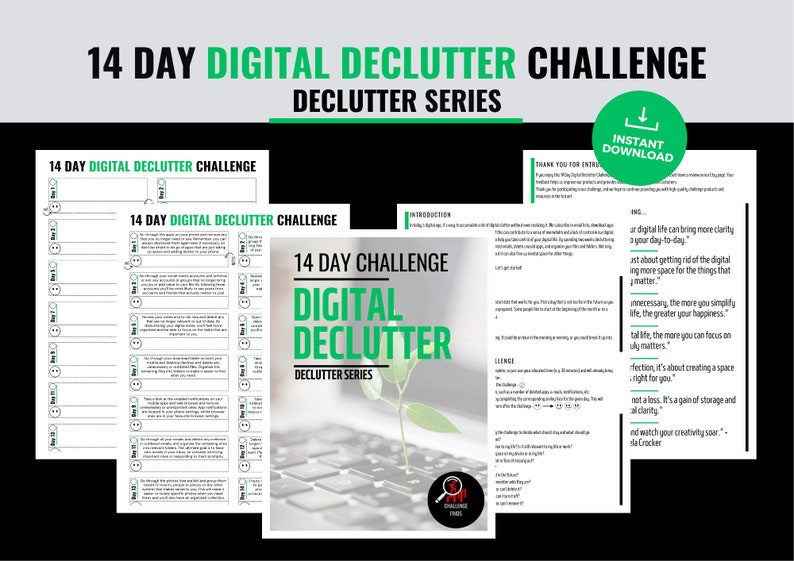 May include: A 14-day digital declutter challenge guide with a green and white design. The guide includes a checklist, tips, and an introduction to decluttering your digital life. The text on the guide says "14 Day Digital Declutter Challenge" and "Declutter Series".