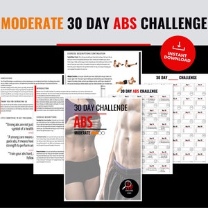 Pode incluir: Um plano de treino de 30 dias para abdominais de nível moderado com um calendário e descrições de exercícios. A imagem mostra um homem e uma mulher com abdominais tonificados. O texto "30 Day Challenge ABS Moderate" é visível.