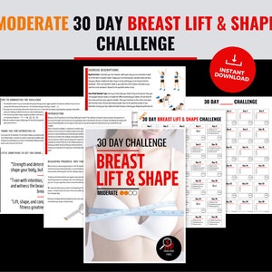 Pode incluir: Um guia de desafio de 30 dias para levantar e moldar os seios com um sutiã branco e uma fita métrica na capa. O guia inclui descrições de exercícios e um calendário de 30 dias.