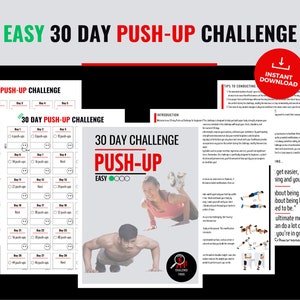 Puede incluir: Gráfico de fitness con el texto "EASY 30 DAY PUSH-UP CHALLENGE" en verde y rojo. La imagen incluye una tabla de ejercicios, una foto de personas haciendo flexiones y las palabras "INSTANT DOWNLOAD".