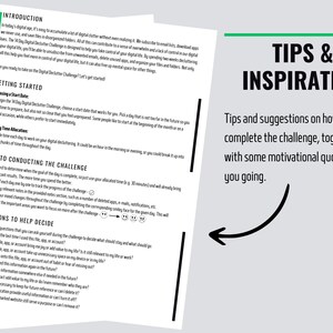 May include: A page from a guidebook with the title "Tips & Inspiration" and the text "Tips and suggestions on how to complete the challenge, together with some motivational quotes to get you going." The page is on a gray background with a green line at the top.