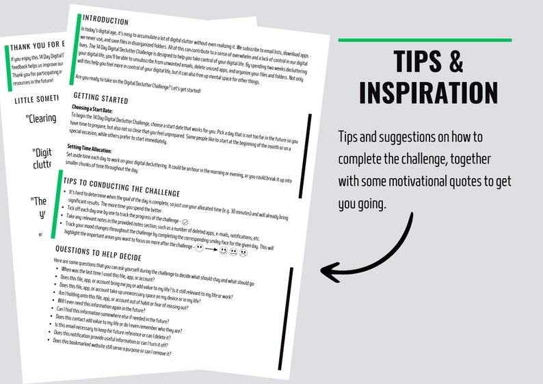 May include: A page from a guidebook with the title "Tips & Inspiration" and the text "Tips and suggestions on how to complete the challenge, together with some motivational quotes to get you going." The page is on a gray background with a green line at the top.