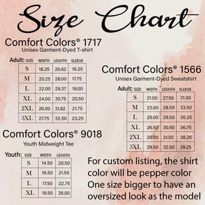 K&ouml;nnte beinhalten: Gr&ouml;&szlig;entabelle f&uuml;r Comfort Colors&reg; T-Shirts und Sweatshirts. Die Tabelle zeigt die Breite, L&auml;nge und &Auml;rmell&auml;nge in Zoll f&uuml;r verschiedene Gr&ouml;&szlig;en, darunter S, M, L, XL, 2XL und 3XL. Die Tabelle enth&auml;lt auch Informationen &uuml;ber die Farbe und Passform der Shirts.