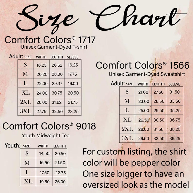 K&ouml;nnte beinhalten: Gr&ouml;&szlig;entabelle f&uuml;r Comfort Colors&reg; T-Shirts und Sweatshirts. Die Tabelle zeigt die Breite, L&auml;nge und &Auml;rmell&auml;nge in Zoll f&uuml;r verschiedene Gr&ouml;&szlig;en, darunter S, M, L, XL, 2XL und 3XL. Die Tabelle enth&auml;lt auch Informationen &uuml;ber die Farbe und Passform der Shirts.