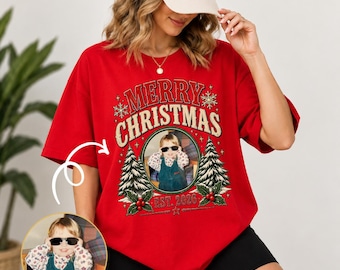 Personalized Christmas Photo Shirt, Custom Picture Comfort Colors Tee, Vintage Merry Christmas T-Shirt, Family Holiday Gift, EST Year Shirt