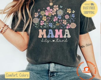 Blumen Mama T-Shirt, personalisierte Kindernamen, Muttertagsgeschenk
