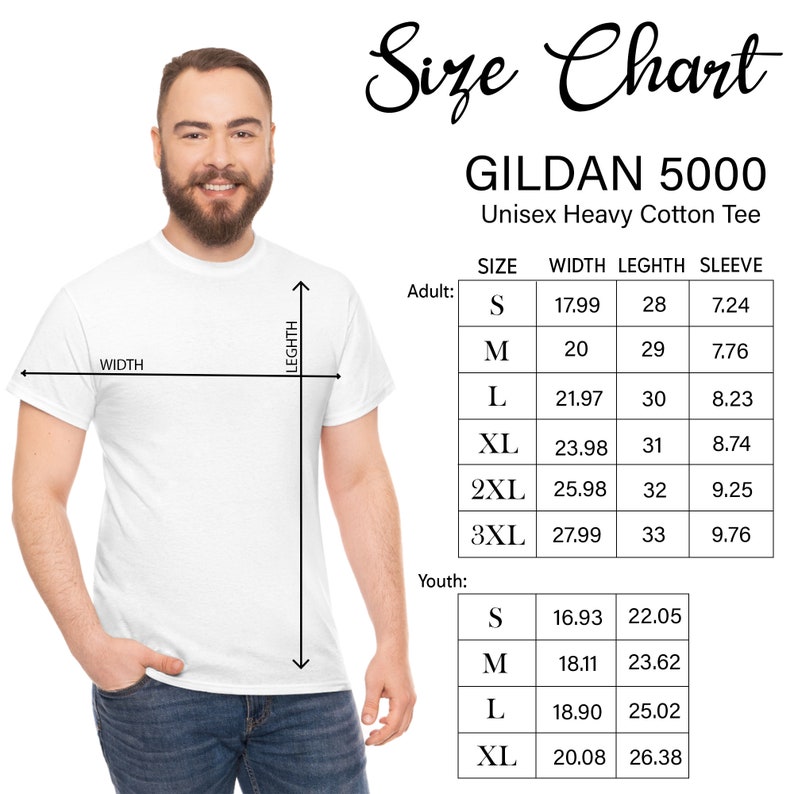 K&ouml;nnte beinhalten: Gr&ouml;&szlig;entabelle f&uuml;r Gildan 5000 Unisex Heavy Cotton T-Shirts. Die Tabelle zeigt die Ma&szlig;e in Zoll f&uuml;r sowohl Erwachsene als auch Kindergr&ouml;&szlig;en. Die Ma&szlig;e umfassen Breite, L&auml;nge und &Auml;rmell&auml;nge.
