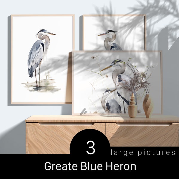 Great Blue Heron Collection - Set of 3 Beautiful Watercolor-Style Images for Modern and Traditional Homes - Digtal Download