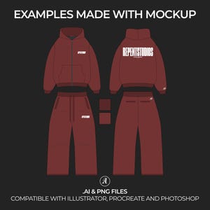 May include: A maroon hooded sweatshirt and matching sweatpants with the text "REPENTSTUDIOS" printed on the back of the sweatshirt. The sweatshirt has a zipper closure and a kangaroo pocket. The sweatpants have a drawstring waistband.