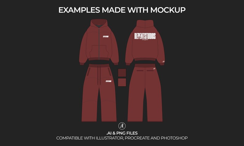 May include: A maroon hooded sweatshirt and matching sweatpants with the text "REPENTSTUDIOS" printed on the back of the sweatshirt. The sweatshirt has a zipper closure and a kangaroo pocket. The sweatpants have a drawstring waistband.