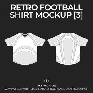 May include: A mockup of a retro football shirt with a white background and gray lines. The shirt is shown from the front and back. The text "RETRO FOOTBALL SHIRT MOCKUP [3]" is at the top of the image. The text "AI & PNG FILES" is at the bottom of the image. The text "COMPATIBLE WITH ILLUSTRATOR, PROCREATE AND PHOTOSHOP" is at the bottom of the image.